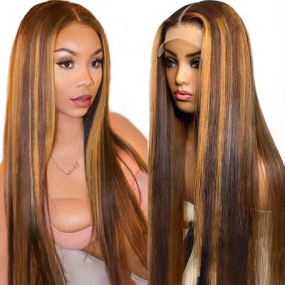 China 30 Inch Piano 4/27 Straight Highlight Ombre 13X4 HD Lace Front Human Hair Straight Virgin Transparent Wigs for sale