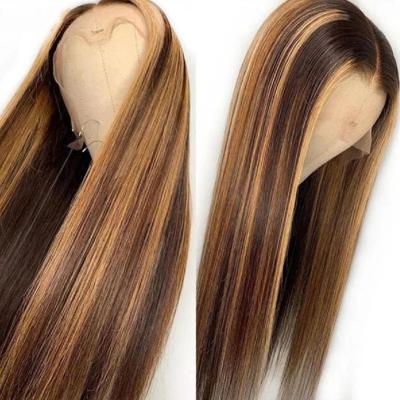 China Customized Straight Texture Long 40 Inches Honey Brown Highlight Color Cuticle Aligned Hair HD Lace Front Wigs for sale