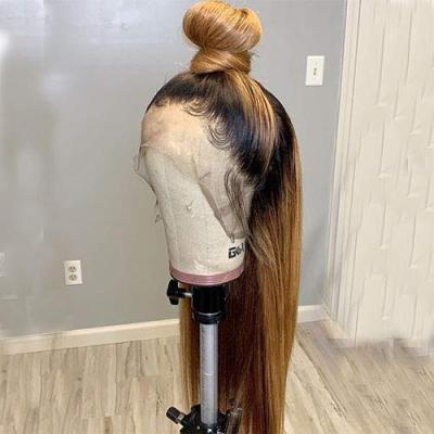 China Straight 150% Deep Wave 13X4 Lace Front Human Hair Wig With Ombre Brazilian Remy Bleached 1B/27 Baby Hair Blonde Colored Hair Vendor for sale