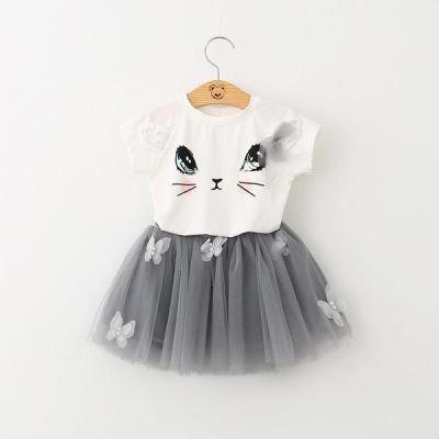 China 90-130cm Soft Girls Clothing Sets Summer Fashion Kids Cartoon Kitten Printed T-Shirts+Net Veil Skirts Set Casual Cute for sale