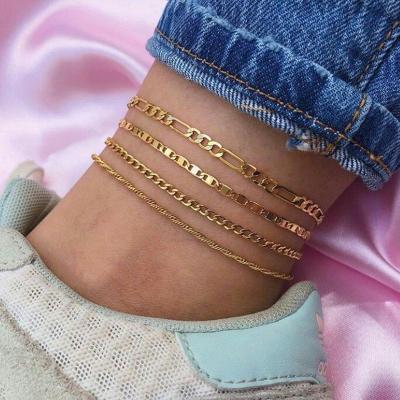 China Other Set 4pcs 18k Gold Plated Leg Chain Anklets Multilayer Beach Foot Jewelry Layered Figaro Chains Anklet for sale