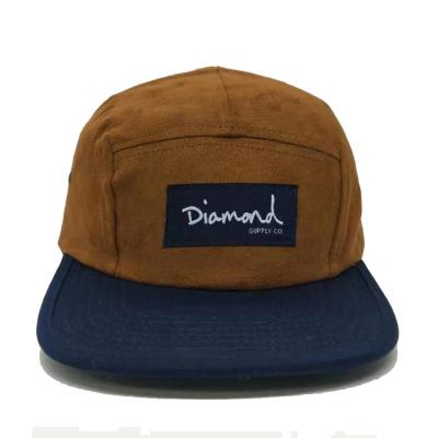 China JOINT Custom Flat Brim 5 Panels Brown Suede Cage Caps Free Woven Patch Camp Caps for sale