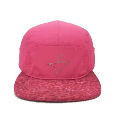 China JOINT Custom Reflective Printed Polyester Front Logo Pink 5 Panels 100% Waterproof Camp Hat Cap for sale