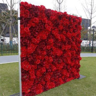 China Durable Custom high-end Wedding Ceremony Red Rose Silk Artificial Flower Wall 3D decor roll up flower wall backdrop for sale