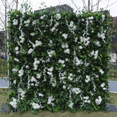 China Durable Custom 5D Fabric White Rose Wedding Flower Wall Backdrop Milan Hanging Plant Artificial Green Grass Wall For Home Decoration for sale