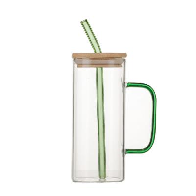 China Sustainable Hot Sale Borosilicate Milk Juice Coffee Cup Square Shape Glass Cup With Lid Colored Handle And Glass Straw for sale