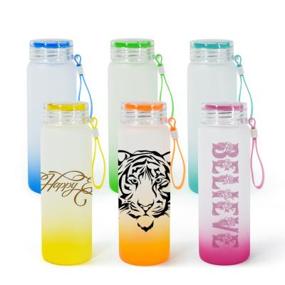 China Sustainable Hot Sale High Borosilicate 17OZ 500Ml Colorful Gradient Frosted Glass Sublimation Water Bottles For Heat Press Printing for sale