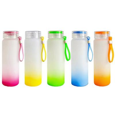 China Sustainable Custom 17OZ Colorful Matte Drinkware Glass Tumbler Gradient Sublimation Frosted Glass Water Bottle With Portable Rope for sale