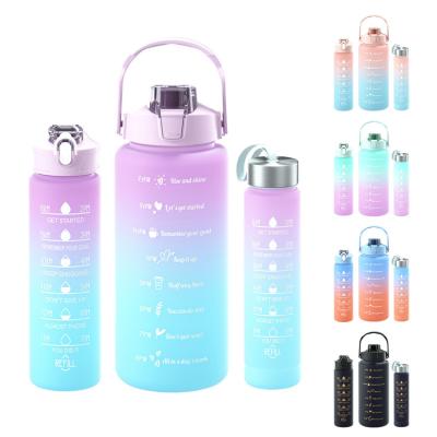 China Sustainable Portable Sports Gradient Color Plastic Drinking Water Bottle Time Marker Motivational Workout Water Bottle Set 3 In 1 for sale