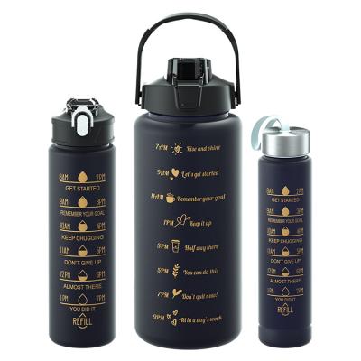 China Sustainable Gym Sports Bottle With Phone Holder Handle 3Pcs Set Plastic Black Motivational Water Bottle With Time Marker for sale