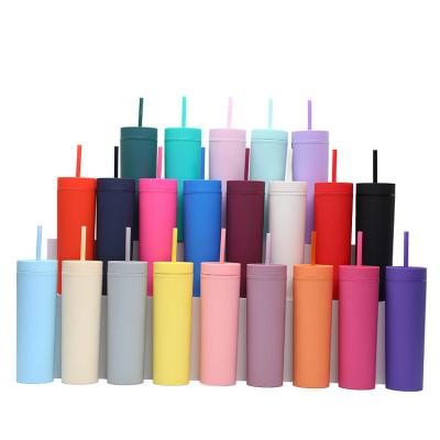 China Sustainable Wholesale Customized Reusable 16Oz Double Wall Plastic Colored Matte Acrylic Skinny Tumbler With Straw And Lid for sale