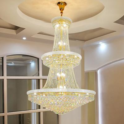 China Modern Luxury 3 Layers Stairs Round Long Crystal Chandelier Lamps Rain Drop LED Chandelier Pendant Light for sale