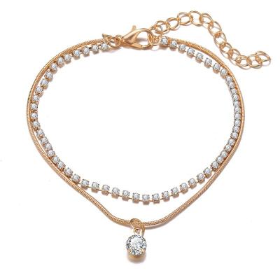 China Fashion Minimalist Double Layered Gold Plated Alloy Crystal Rhinestone Chain Anklets For Women Girls Jewelry for sale