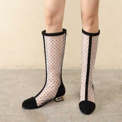 China 2021 Breathable Dot Polka Dot See Through Mesh Knee High Boots Women Elegant Faux Suede Flat Boots for sale