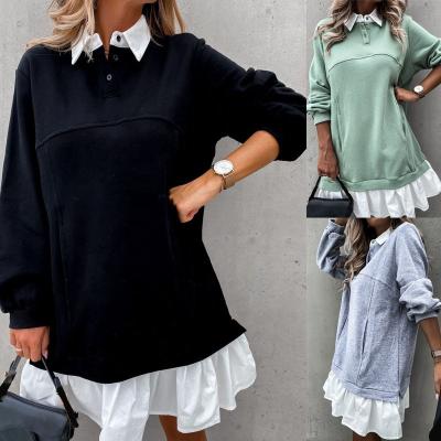 China Anti-Wrinkle Turn-Down Collar Dress Fashion Patchwork Elegant Casual Ruffle Mini Sweatshirt Dress Vestido for sale