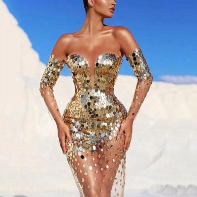 China Mesh Patchwork Sequins Party Dress Sheer Gorgeous Luxury Anti-Static Stunning See By Celebrities Dress for sale