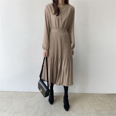 China Office Pleated Dress A Line 2022 Spring Vestido Breathable Elegant Female Full Sleeve Waist Elastic for sale