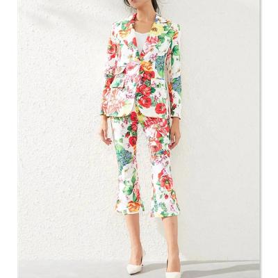 China Anti-wrinkle Tropi Fusion Designer Women's Suit Set Spring Women's Suit Tops+3/4 Sleeve Long Pants Prints Two Piece Set for sale