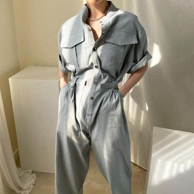 China Solid Color High Quality Fashionable Loose Short Sleeve Anti-pilling Turn Down Collar Women Overalls for sale