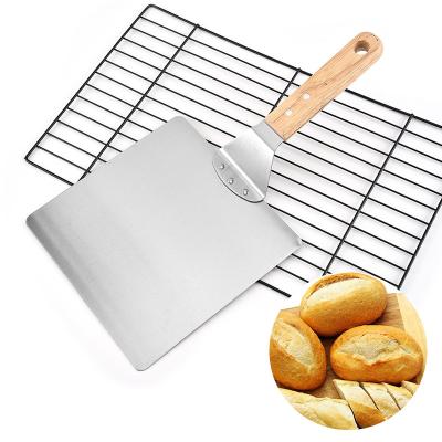 China Hot Selling Viable Amazon Metal Stainless Steel Large Pizza Skin With Wooden Handle Square Pizza Spatulas for sale