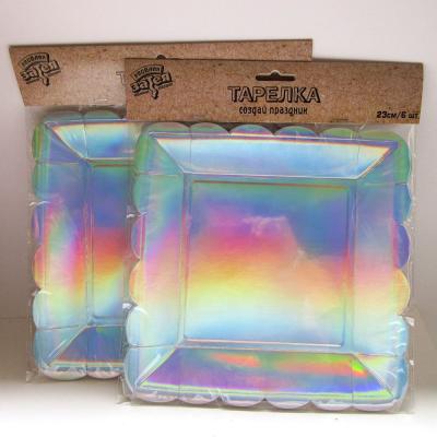 China Disposable Pointing Card Wrapped Iridescent Aluminum Foil Dishes Elegant Paper Plates For Cake Dessert for sale