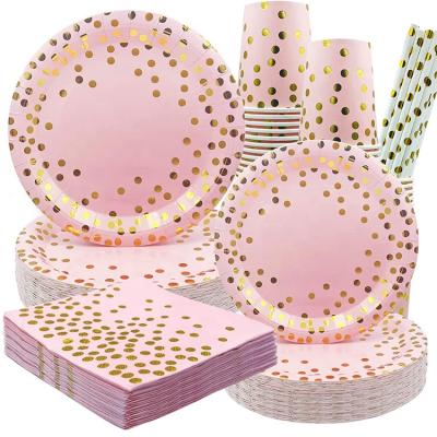 China 2022 Birthday gold dot tablecover disposable pink paper cups paper plates paper straw napkins party tableware set with custom packing for sale