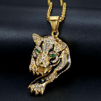 China Radiation& New Titanium Diamond Leopard Head Pendant Necklace Gold Plated Steel Corrosion Resistance Hip Hop Hiphop Jewelry for sale