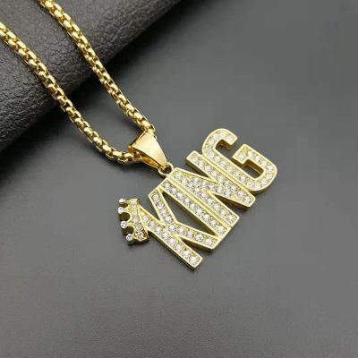 China Trendy Fashion Letters KING Punk Crystal Gold Plated Stainless Steel Pendant for sale