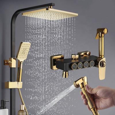 China With Rainfall Luxury Brass Thermostatic Bathroom Faucet Quality Slide Bar Bath Gold Shower System Set Black for sale