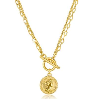 China FASHIONABLE Stainless Steel Portrait OT Bar Clasp Multilayer Cross Chain Necklace Elizabeth Round Coin Necklaces Queen 18k Gold Plating for sale