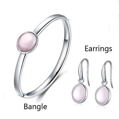 China High Quality Jewelry Set ZhongWen Fashion Jewelry Gift Set Pink Cat Eye Stone Stainless Steel Earrings Women Bridal Jewelry Set High Quality for sale