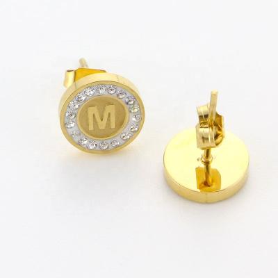 China ZhongWen Trendy Trendy Jewelry Stainless Steel Crystals Earrings 14K 18K Gold Filled Plated A-Z Initial Letter Stud Earrings For Women for sale