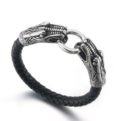 China Hiphop Vintage Bracelet Stainless Steel Handmade Braided Leather Snake Head Woven Rope Bracelet with Ring Clasp for sale