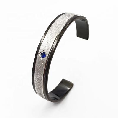 China Hiphop Customized Bling Square Blue Zircon 316L Stainless Steel Two Tone Titanium Cuff Bangle Bracelet for sale