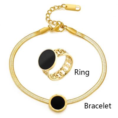 China ZhongWen 18K Gold Plated Snake Chain Bracelet Flat Jewelry CLASSIC Stainless Steel Ring Jewelry Set For Women for sale