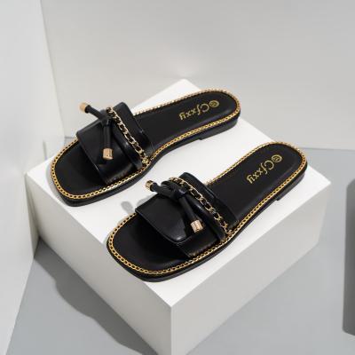 China 2021 Fashion Trend Fashion Chain PU Women Shoes Open Toe Flat Women Slipper for sale