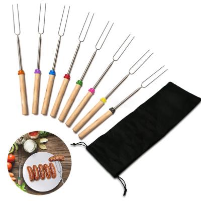 China Easily Cleaned 8pcs Barbecue Fork Set With Storage Bag Stainless Steel Wooden Handle Telescoping Grill Roasting Fork Sticks GRILL Skewers for sale