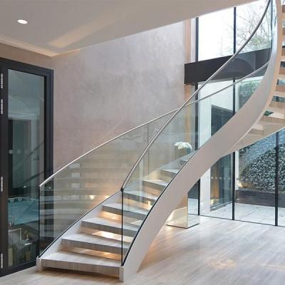 China Contemporary Home Use Metal Tempered Glass Curved Staircase Stainless Steel Glass Railing Curved Staircase Modern Wood Staircase for sale