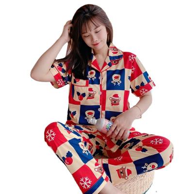 China Plus Size Pants Female Cardigan Sleepwear Pajamas Student Plaid Home Suit Korean Summer Fashion Soft Pajamas Set For Women Short Sleeve Tops for sale