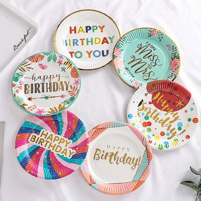 China Fashionable creative paper plate for birthday party disposable set round paper colorful dish for sale