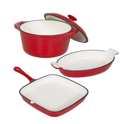 China Sustainable Cast Iron Dishes Set 3 Casserole Grill Pan Fish Pan Cookware Set 3pcs Casserole Set for sale