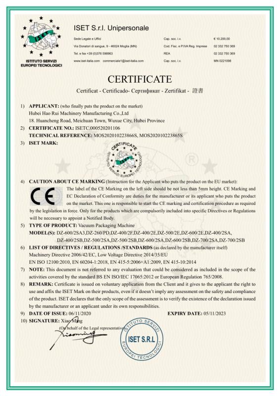 CE - Hubei Hao Rui Machinery Manufacturing Co., Ltd.