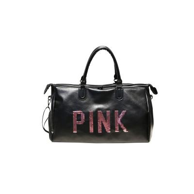 China Fashion Pink Leisure Duffel Bag Glitter PU Leather Logo Travel Pink Duffel Bag Unisex Sequin With Shoes Bag for sale