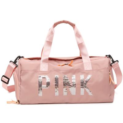 China Wholesale Nylon Duffel Bag Pink Outdoor Travel Sports Gym Bag Glitter Logo Pink Duffle Bag for sale