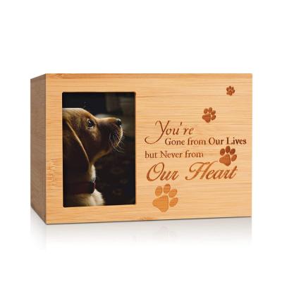 China Mini Viable Wooden Cat Memorial Urn Dog Ash Casket Pet Urn Casket Box With Photo Frame for sale