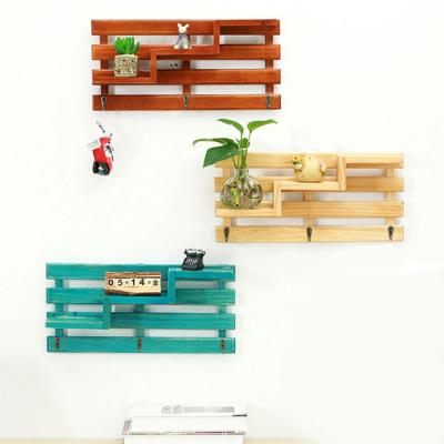 China Wholesale Minimalist Decorative Wall Shelf Wooden Floating Wall Shelves Wall Shelves Living Room Brackets With 3 Head Hook for sale