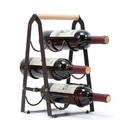 China Sustainable Custom 3 Tier Metal Countertop Cellar Rack Stand Up Wooden Foldable Wine Table Wine Rack For Home Decor Bar for sale