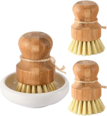 China Sustainable Bamboo Dish Scrub Brushes, Kitchen Wood Cleaning Scrubbers Set For Cast Iron Pan / Wash Pot, Natural Sisal Bristles for sale