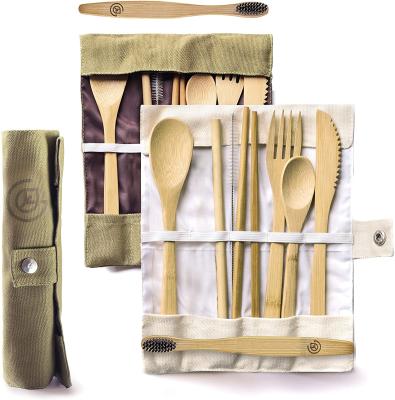 China Bamboo Utensils Set includes Straw, Spoon, Fork, Knife, Teaspoon, Chopsticks, Brush & Storage Bags for sale