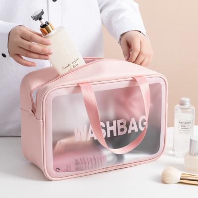 China Fashion Travel Large Waterproof Clear PVC Make Up Brush Storage Bag Pink Toiletry Bag Clear Cosmetics Case For Women for sale